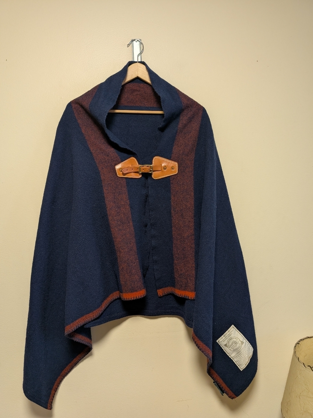 Woolrich Wool Cape Poncho Leather Toggle Navy Plaid OS